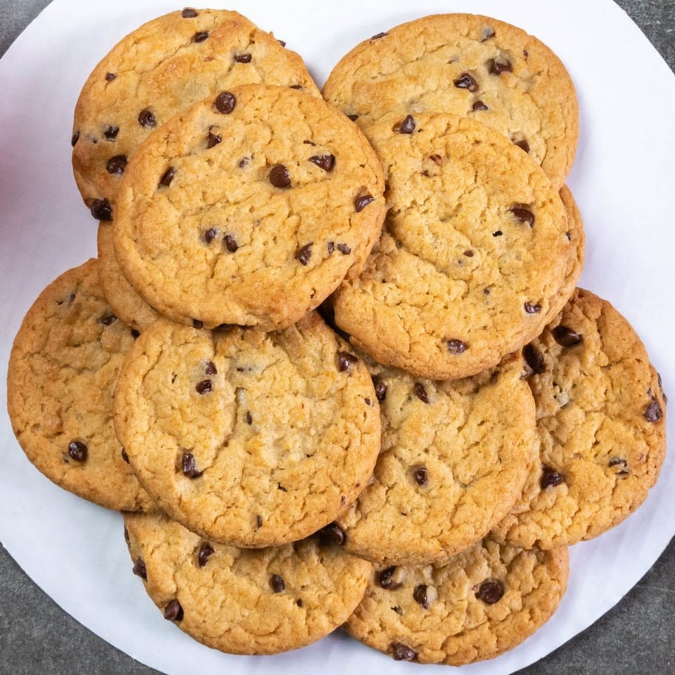 A close-up, overhead view of a pile of golden-brown chocolate chip cookies on a white surface.